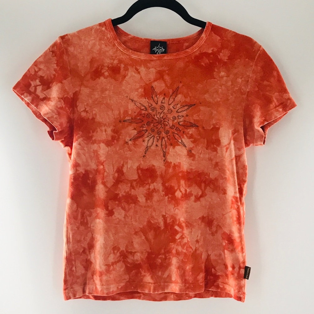 PrAna Retro Orange Bleach Dye Sun Mandala 1990s Cotton Babydoll T-Shirt